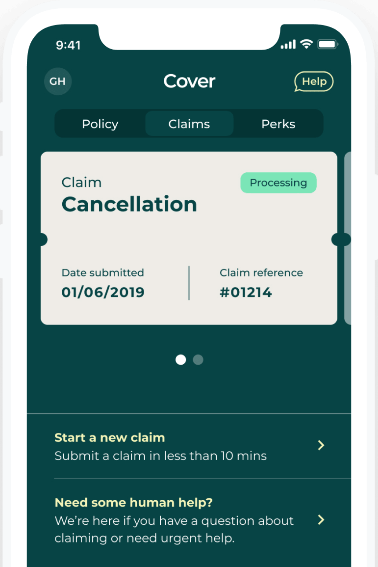 Mobile device showing a claim within the Pluto app